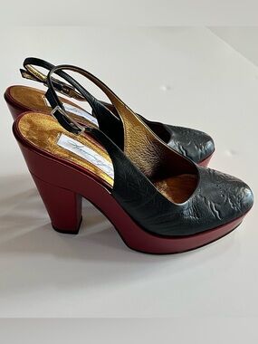 Diana Broussard Black Leather Slingback Pumps Red Platform size 36.5, US 6-6.5